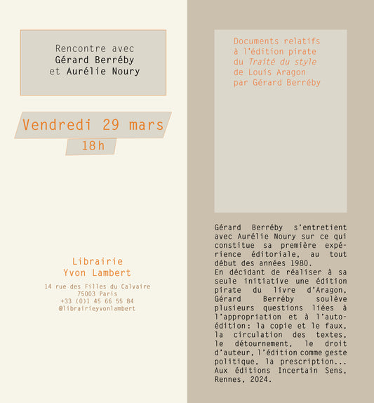 Launch <br>March 29, 2024 <br>Gérard Berréby - Documents relatifs à l'édition pirate du Traité du style de Louis Aragon par Gérard Berréby
