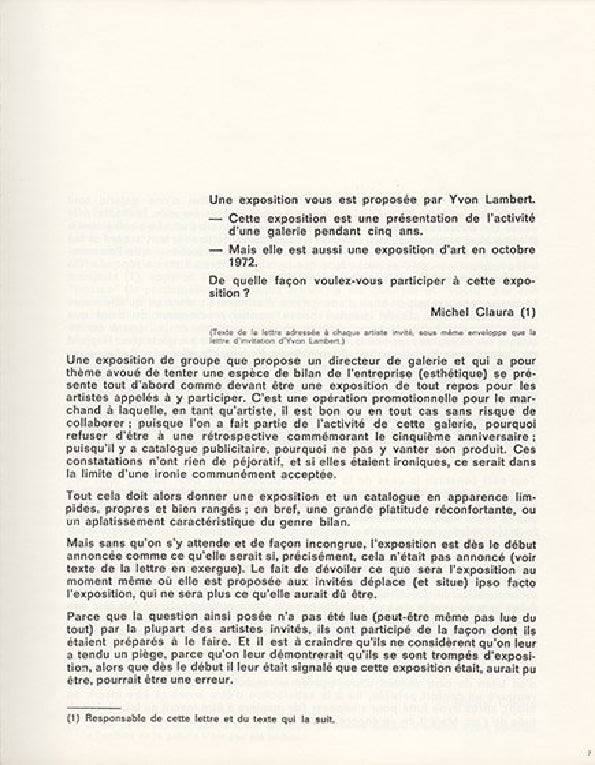 Yvon Lambert Actualité d'un bilan Paris 1972