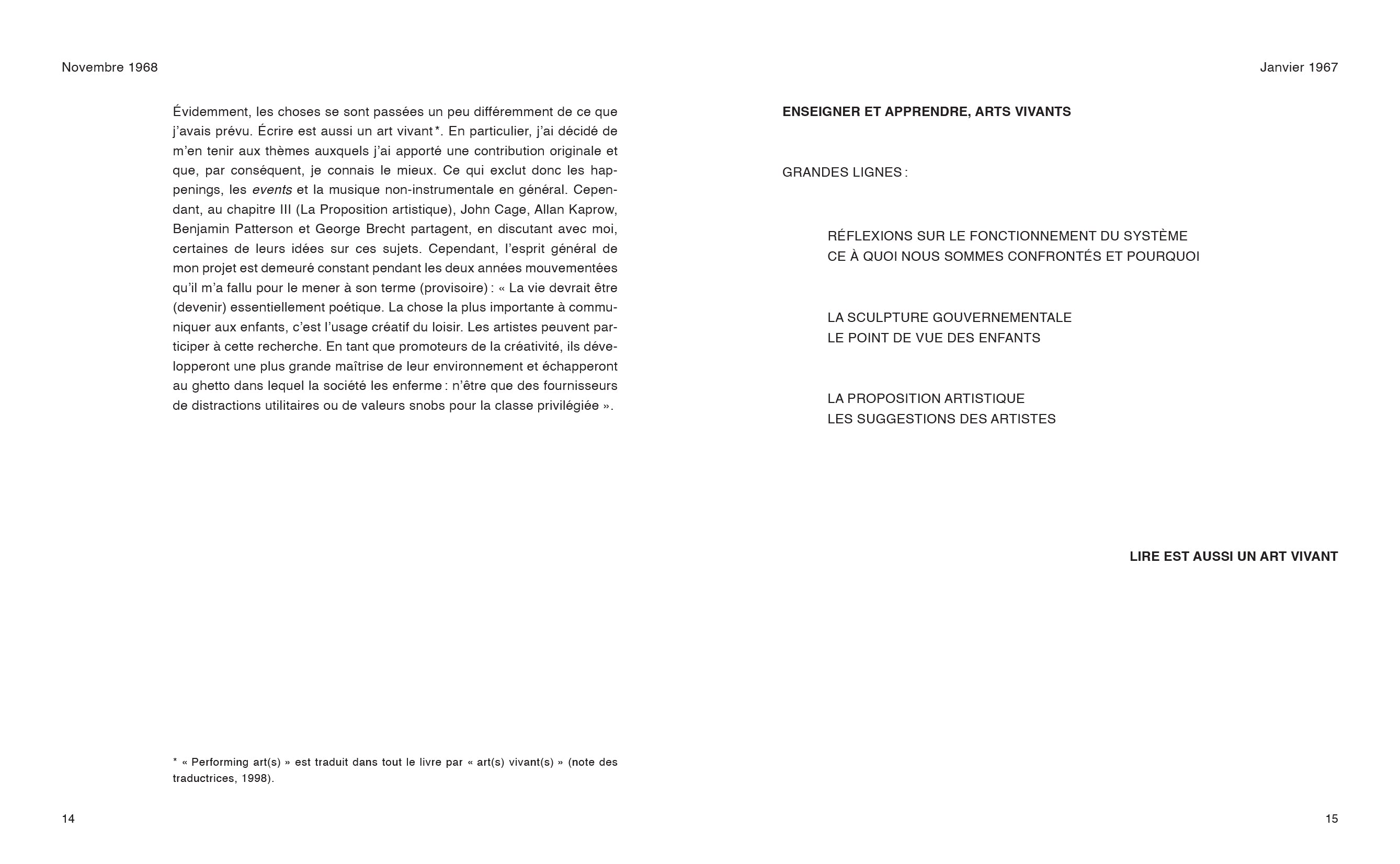 Robert Filliou - Enseigner et apprendre, arts vivants par Robert Filliou et le lecteur, s'il le désire avec la participation de John Cage, Benjamin Patterson, Allan Kaprow, Marcelle Filliou, Vera, Bjössi, Karl Rot, Dorothy Iannone, Diter Rot, Joseph Beuys