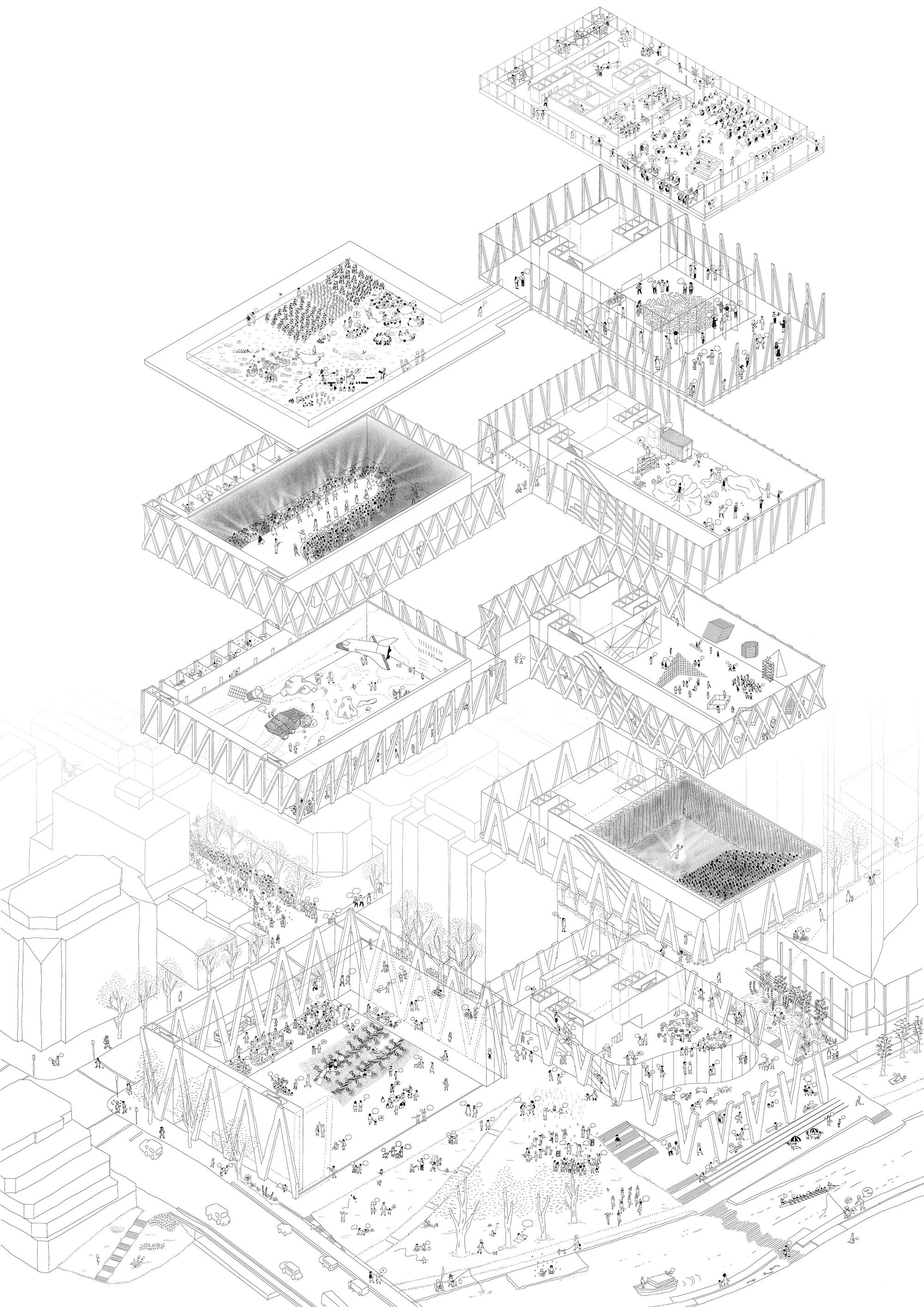 Hiroko Kusunoki for Moreau Kusunoki <br><em>POWERHOUSE PARRAMATTA, NEW SOUTH WALES, AUSTRALIA, EXPLODED AXONOMETRY</em>, 2019
