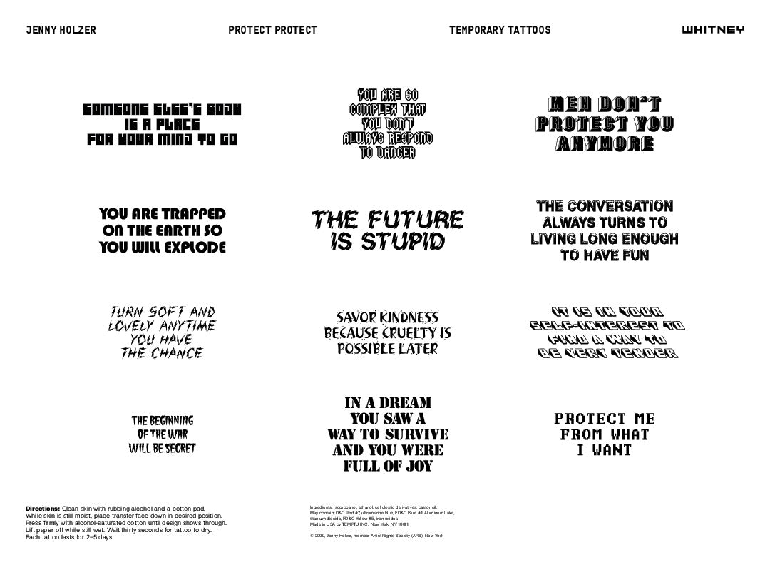 Jenny Holzer - PROTECT PROECT Temporary Tattoo Set, 2009